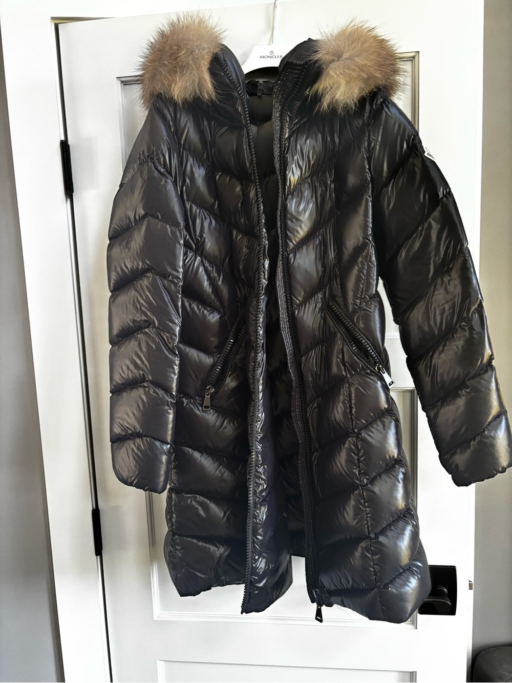 Moncler Black Glossy Long Puffer Coat with Fur-Trim Hood